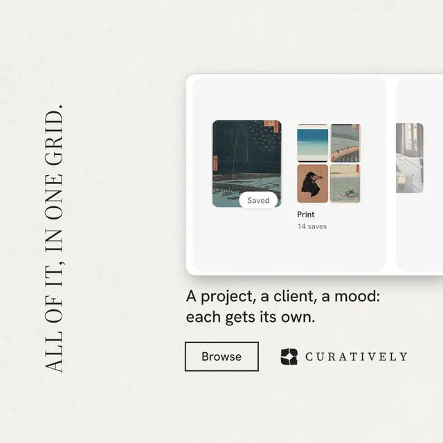 Instagram post for Curatively: "All of it, in one grid." Editorial style, vertical layout, light palette in white, grey.