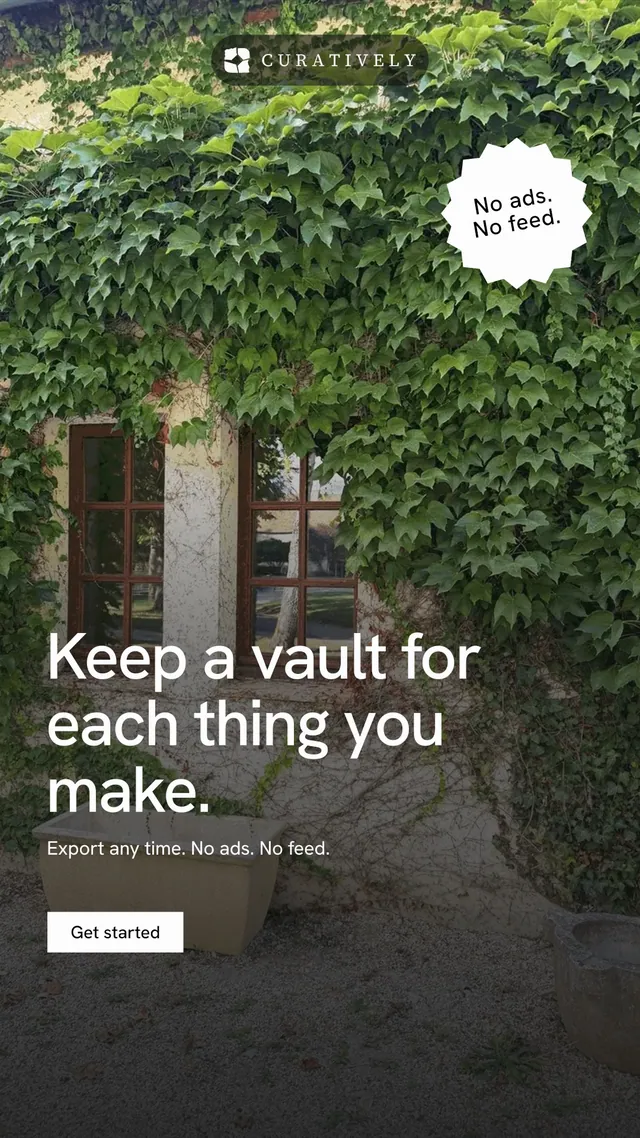 Instagram story for Curatively: "Keep a vault for each thing you make." Swiss style, sticker layout, dark palette in black, green, grey.