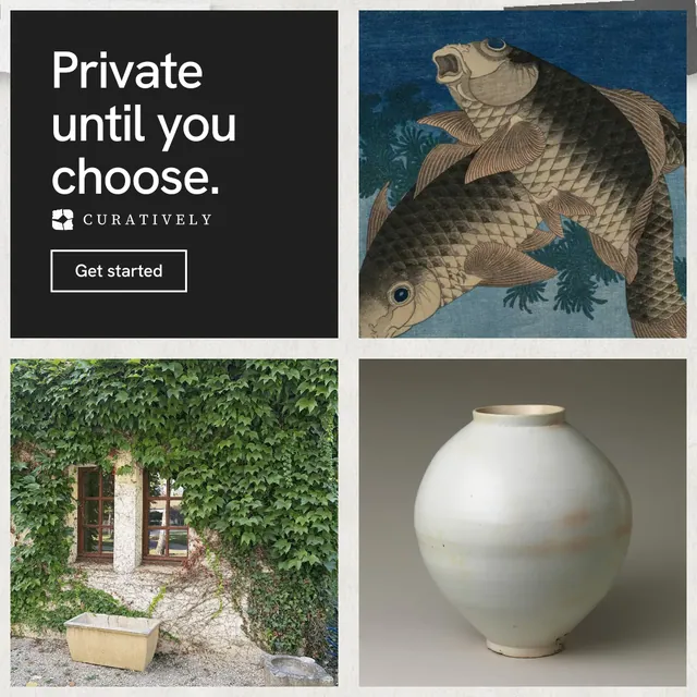 Instagram post for Curatively: "Private until you choose." Editorial style, collage layout, dark palette in grey, black, white.