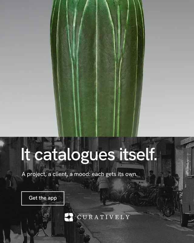 Instagram portrait post for Curatively: "It catalogues itself." Editorial style, bottom layout, dark palette in grey, black.
