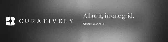 LinkedIn banner for Curatively: "All of it, in one grid." Minimal luxury style, logo hero layout, dark palette in black, grey.