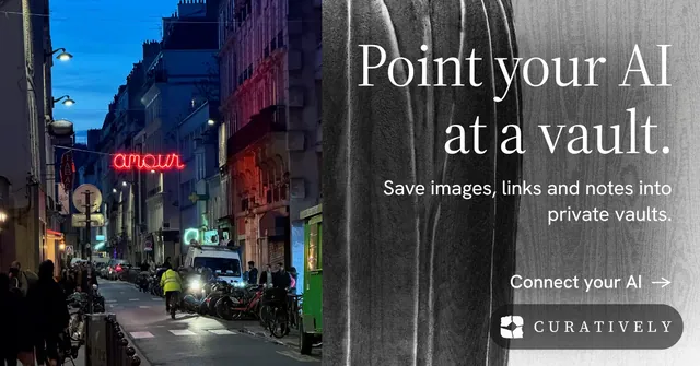Social ad for Curatively: "Point your AI at a vault." Minimal luxury style, right layout, dark palette in black, grey.
