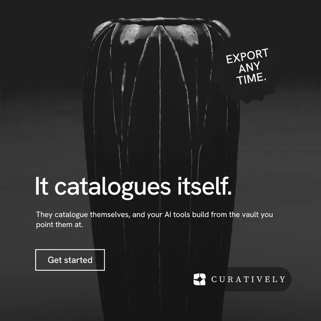 Instagram post for Curatively: "It catalogues itself." Editorial style, sticker layout, dark palette in black, grey.