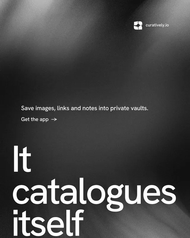 Instagram portrait post for Curatively: "Keep a vault for each thing you make." Minimal luxury style, oversized layout, dark palette in black, grey.