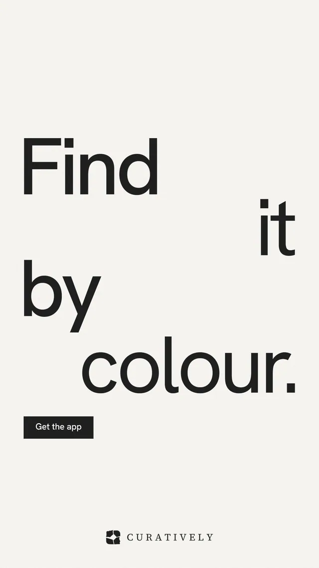 Instagram story for Curatively: "Find it by colour." Swiss style, stacked layout, light palette in white, grey.