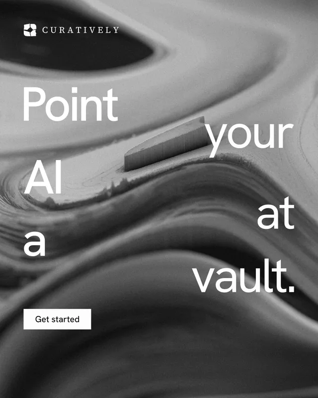 Instagram portrait post for Curatively: "Point your AI at a vault." Swiss style, stacked layout, dark palette in grey, black.