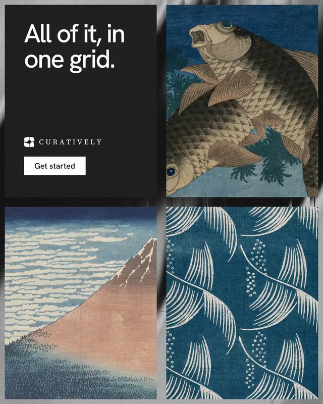 Instagram portrait post for Curatively: "All of it, in one grid." Swiss style, collage layout, dark palette in black, blue, grey.