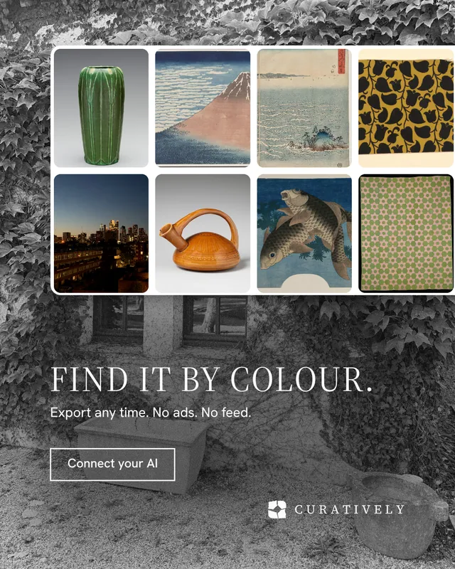 Instagram portrait post for Curatively: "Find it by colour." Editorial style, bottom layout, dark palette in grey, black.