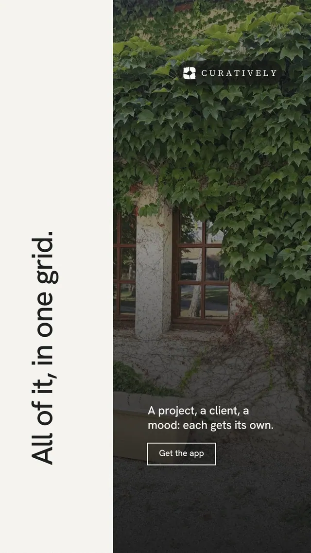 Instagram story for Curatively: "All of it, in one grid." Editorial style, vertical layout, light palette in white, black, grey.