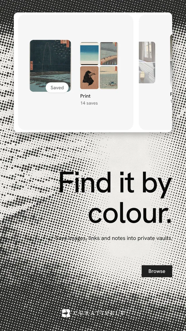 Instagram story for Curatively: "Find it by colour." Swiss style, right layout, light palette in grey, white.