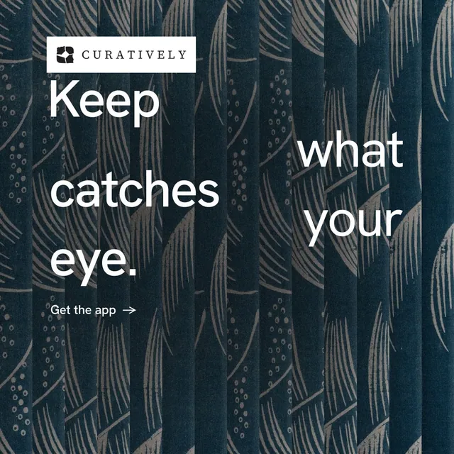 Instagram post for Curatively: "Keep what catches your eye." Minimal luxury style, stacked layout, dark palette in blue, grey.