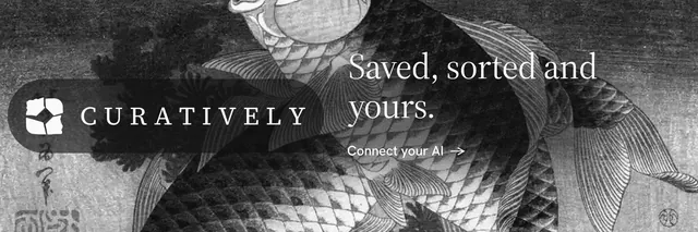 X header for Curatively: "Saved, sorted and yours." Minimal luxury style, logo hero layout, dark palette in black, grey.