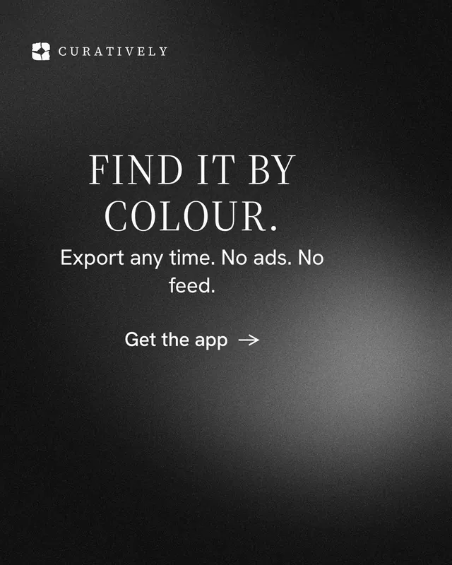 Instagram portrait post for Curatively: "Find it by colour." Minimal luxury style, skeleton layout, dark palette in black, grey.
