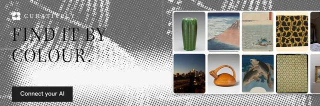 X header for Curatively: "Find it by colour." Split block style, bottom layout, light palette in grey, white.