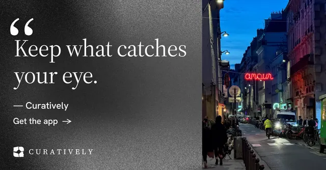 Social ad for Curatively: "Saved, sorted and yours." Minimal luxury style, quote layout, dark palette in black, blue, grey.