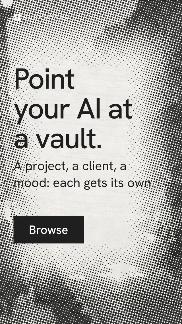 Instagram story for Curatively: "Point your AI at a vault." Swiss style, skeleton layout, light palette in grey, white.
