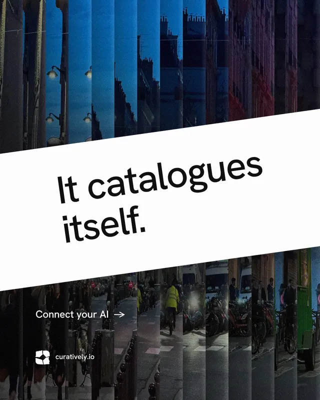 Instagram portrait post for Curatively: "It catalogues itself." Minimal luxury style, diagonal layout, light palette in black, white, blue.