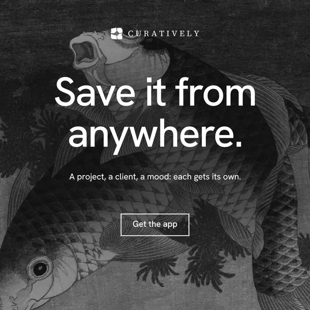 Instagram post for Curatively: "Save it from anywhere." Editorial style, centred layout, dark palette in black, grey.