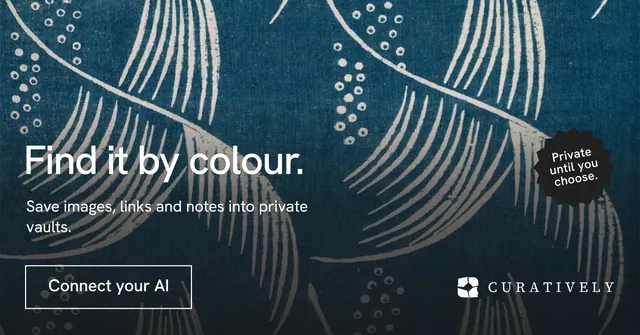 Social ad for Curatively: "Find it by colour." Editorial style, sticker layout, dark palette in blue, grey.
