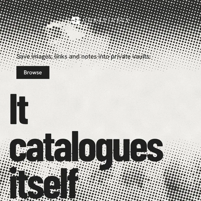 Instagram post for Curatively: "Keep what catches your eye." Retro print style, oversized layout, light palette in grey, white.