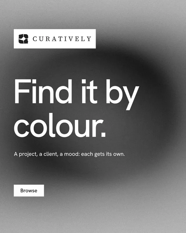 Instagram portrait post for Curatively: "Find it by colour." Swiss style, announce layout, light palette in grey, black.