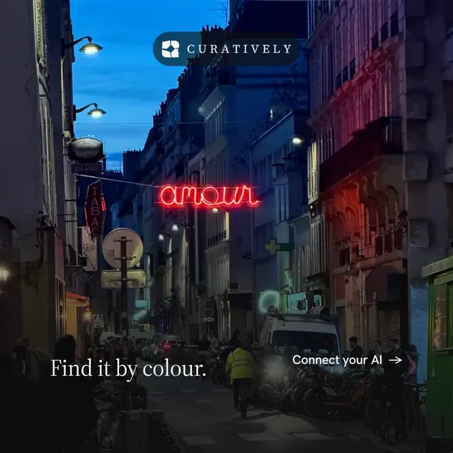 Instagram post for Curatively: "Find it by colour." Minimal luxury style, image led layout, dark palette in black, blue.