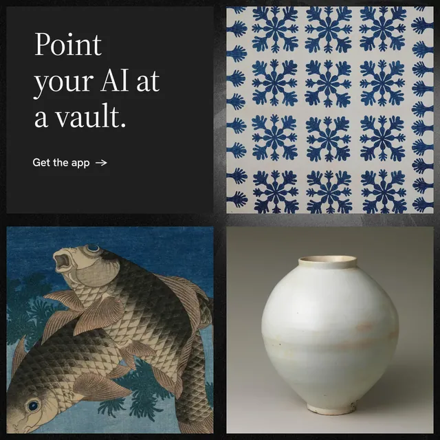Instagram post for Curatively: "Point your AI at a vault." Minimal luxury style, collage layout, dark palette in black, grey.