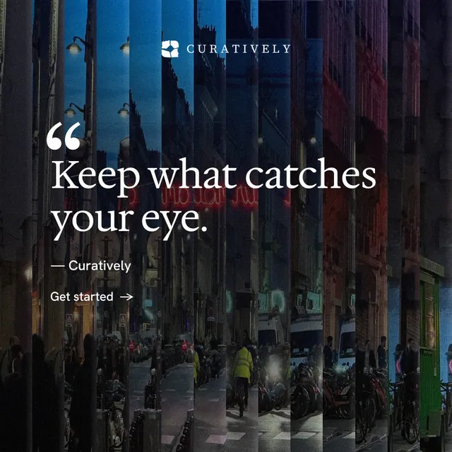Instagram post for Curatively: "Saved, sorted and yours." Minimal luxury style, quote layout, dark palette in black, blue.