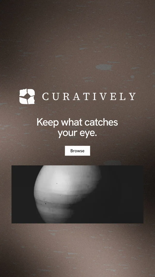 Instagram story for Curatively: "Keep what catches your eye." Swiss style, logo hero layout, dark palette in grey, black.