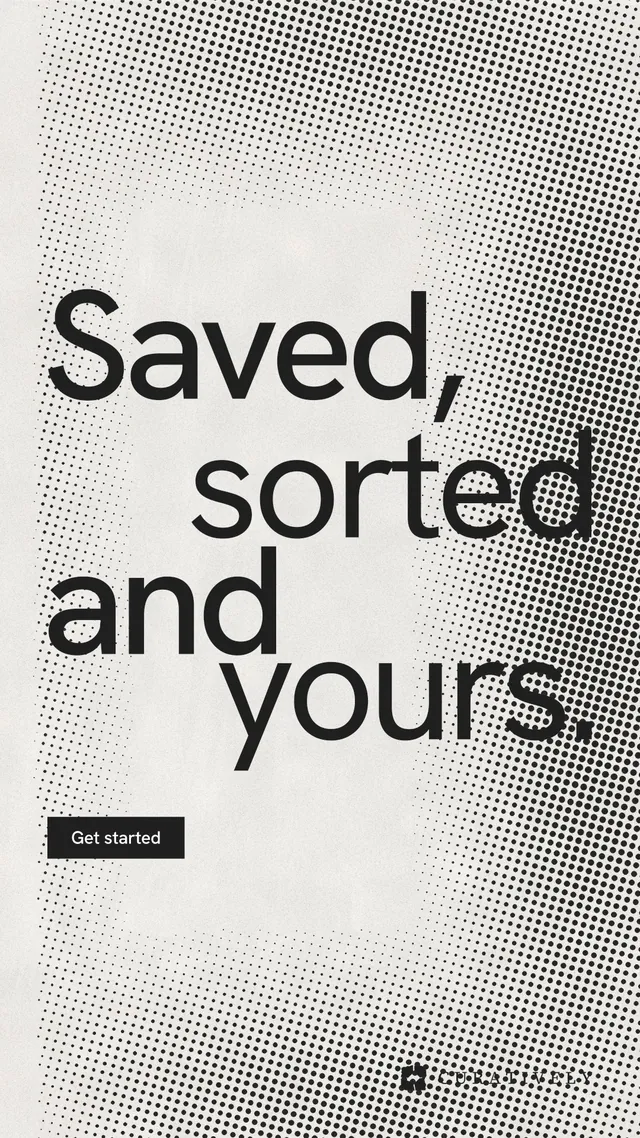 Instagram story for Curatively: "Saved, sorted and yours." Swiss style, stacked layout, light palette in grey, white.