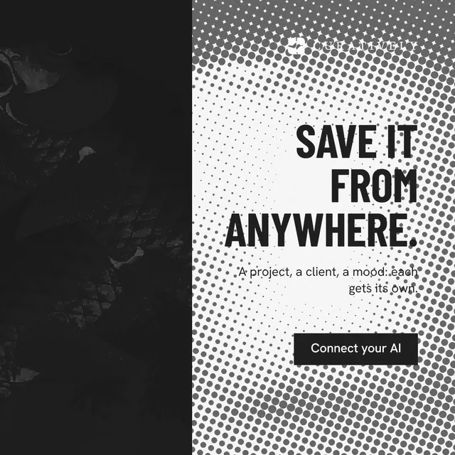 Instagram post for Curatively: "Save it from anywhere." Retro print style, right layout, light palette in black, grey, white.