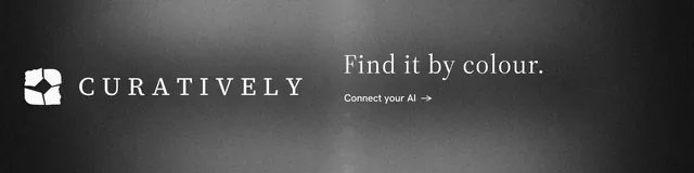 LinkedIn banner for Curatively: "Find it by colour." Minimal luxury style, logo hero layout, dark palette in black, grey.