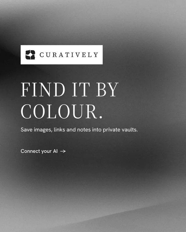 Instagram portrait post for Curatively: "Find it by colour." Minimal luxury style, announce layout, dark palette in grey, black.