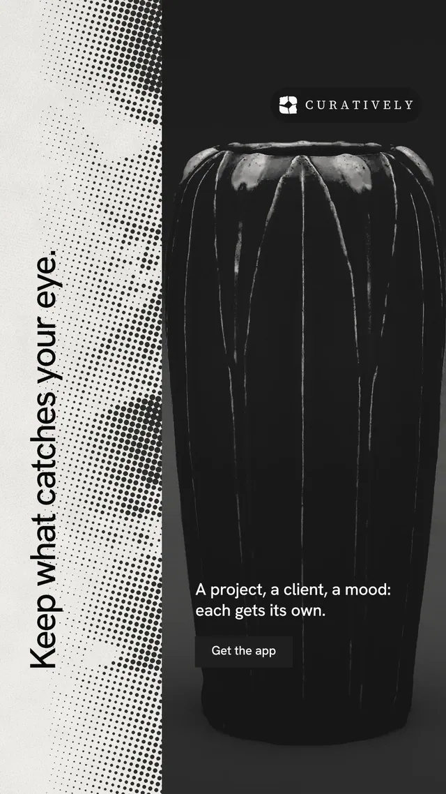 Instagram story for Curatively: "Keep what catches your eye." Swiss style, vertical layout, dark palette in black, white, grey.