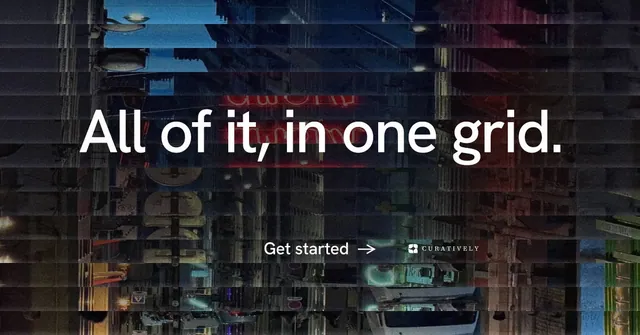 Social ad for Curatively: "All of it, in one grid." Minimal luxury style, centred layout, dark palette in black, grey.