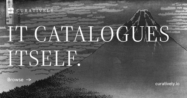 Social ad for Curatively: "It catalogues itself." Minimal luxury style, poster layout, dark palette in grey, black.