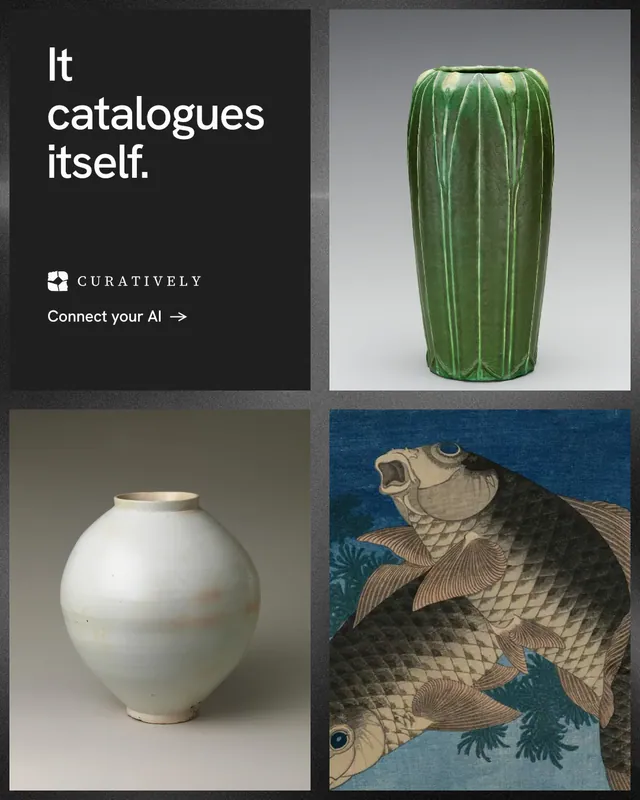 Instagram portrait post for Curatively: "It catalogues itself." Minimal luxury style, collage layout, dark palette in black, grey.