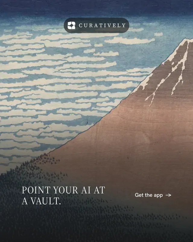 Instagram portrait post for Curatively: "Point your AI at a vault." Minimal luxury style, image led layout, light palette in black, grey.