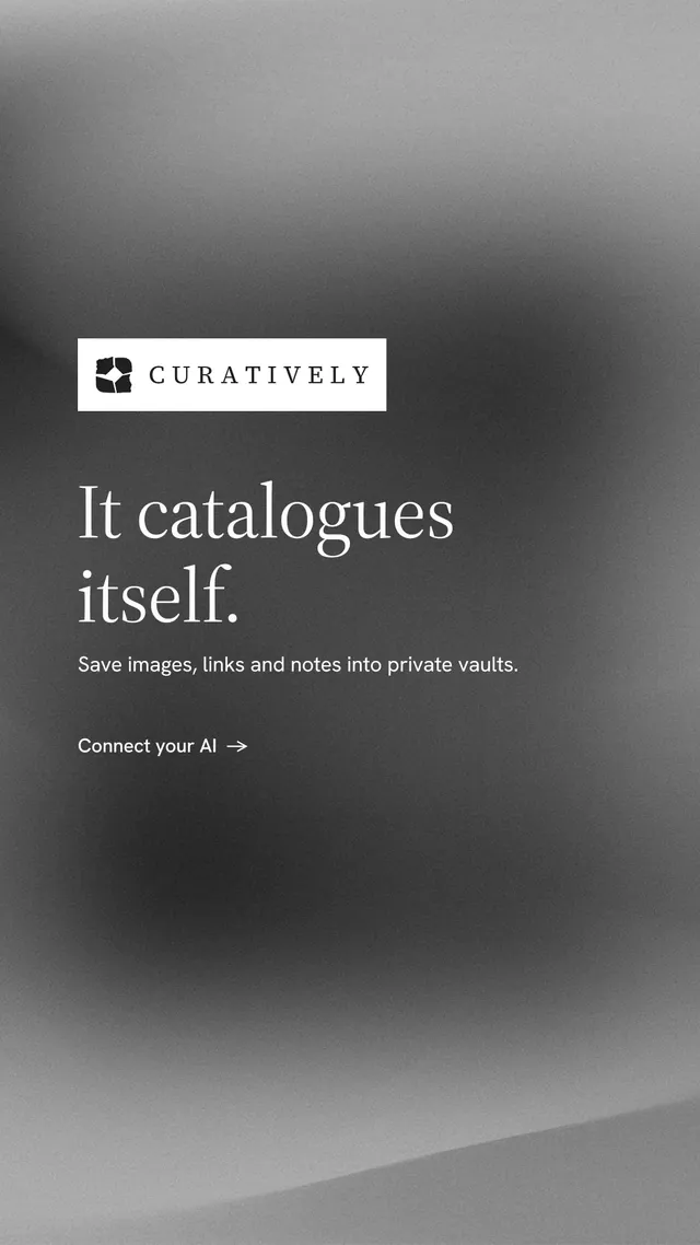 Instagram story for Curatively: "It catalogues itself." Minimal luxury style, announce layout, dark palette in grey, black.