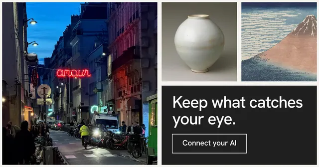 Social ad for Curatively: "Keep what catches your eye." Editorial style, collage layout, dark palette in grey, black.