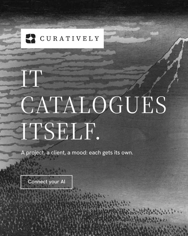 Instagram portrait post for Curatively: "It catalogues itself." Editorial style, announce layout, dark palette in grey, black.
