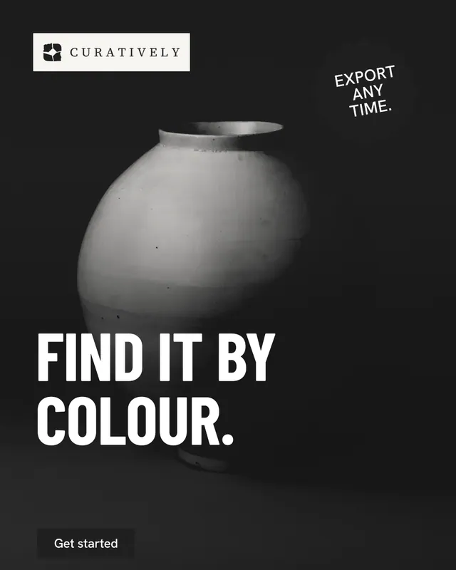 Instagram portrait post for Curatively: "Find it by colour." Retro print style, sticker layout, dark palette in black, grey.