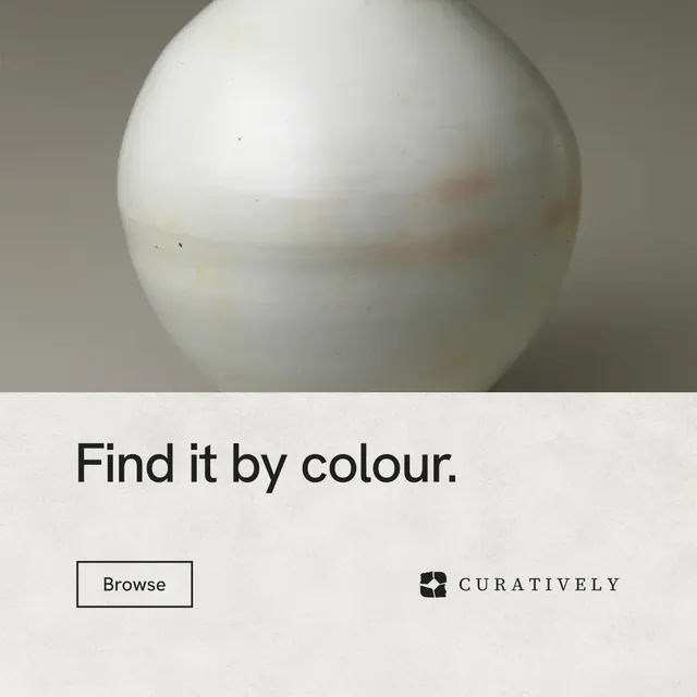 Instagram post for Curatively: "Find it by colour." Editorial style, bottom layout, light palette in grey, white.