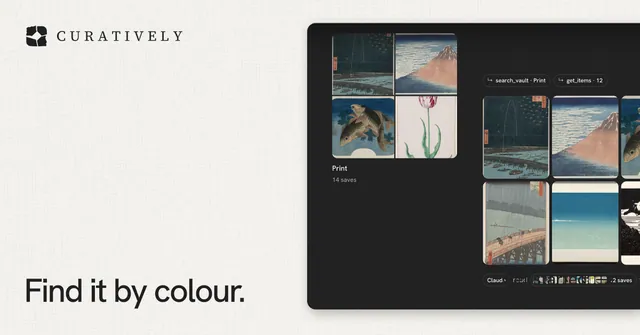 Social ad for Curatively: "Find it by colour." Swiss style, image led layout, light palette in white, black, grey.