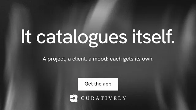Landscape graphic for Curatively: "It catalogues itself." Swiss style, centred layout, dark palette in grey, black.