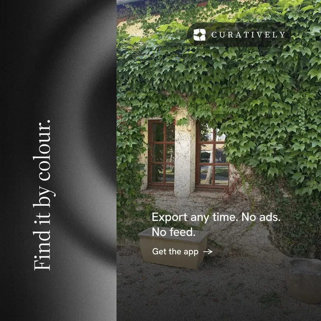 Instagram post for Curatively: "Find it by colour." Minimal luxury style, vertical layout, dark palette in grey, black.