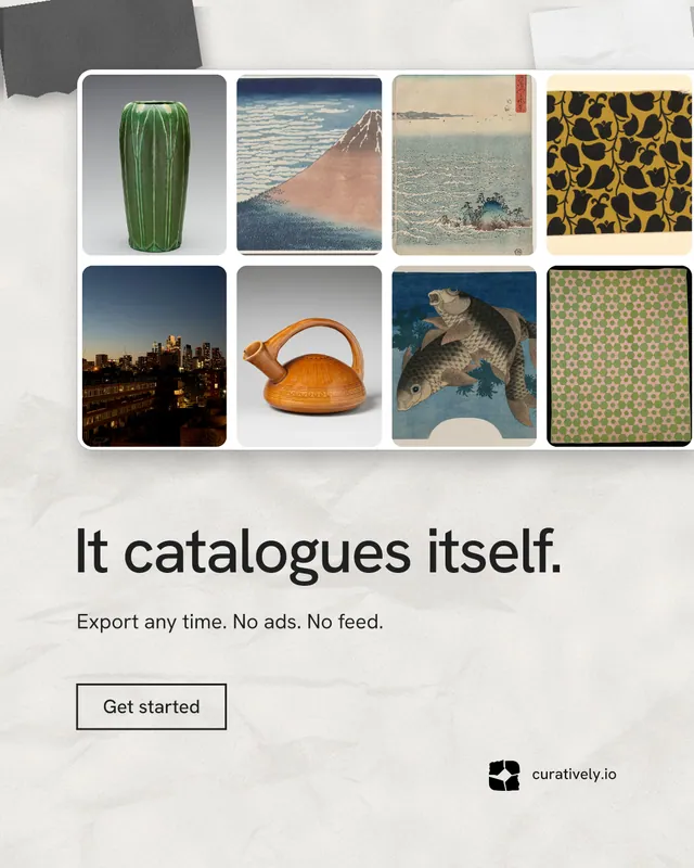 Instagram portrait post for Curatively: "It catalogues itself." Editorial style, bottom layout, light palette in white, grey.