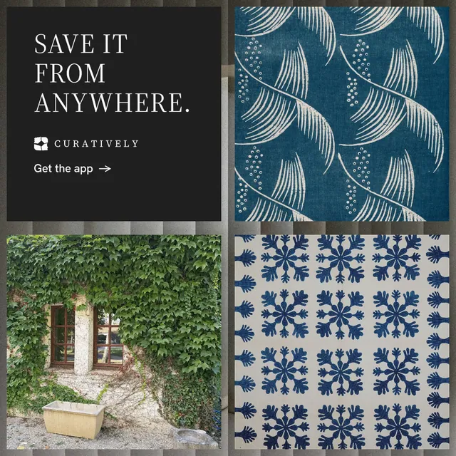 Instagram post for Curatively: "Save it from anywhere." Minimal luxury style, collage layout, dark palette in grey, black.