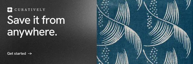 X header for Curatively: "Save it from anywhere." Minimal luxury style, bottom layout, dark palette in grey, black, blue.