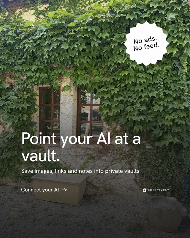 Instagram portrait post for Curatively: "Point your AI at a vault." Minimal luxury style, sticker layout, dark palette in grey, black, green.